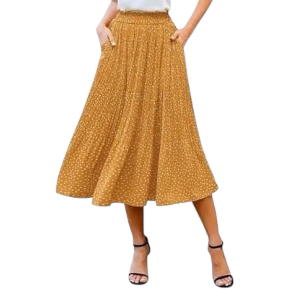 Zeagoo Mustard Polka Dot Pleated Midi Skirt French Girl Retro Medium